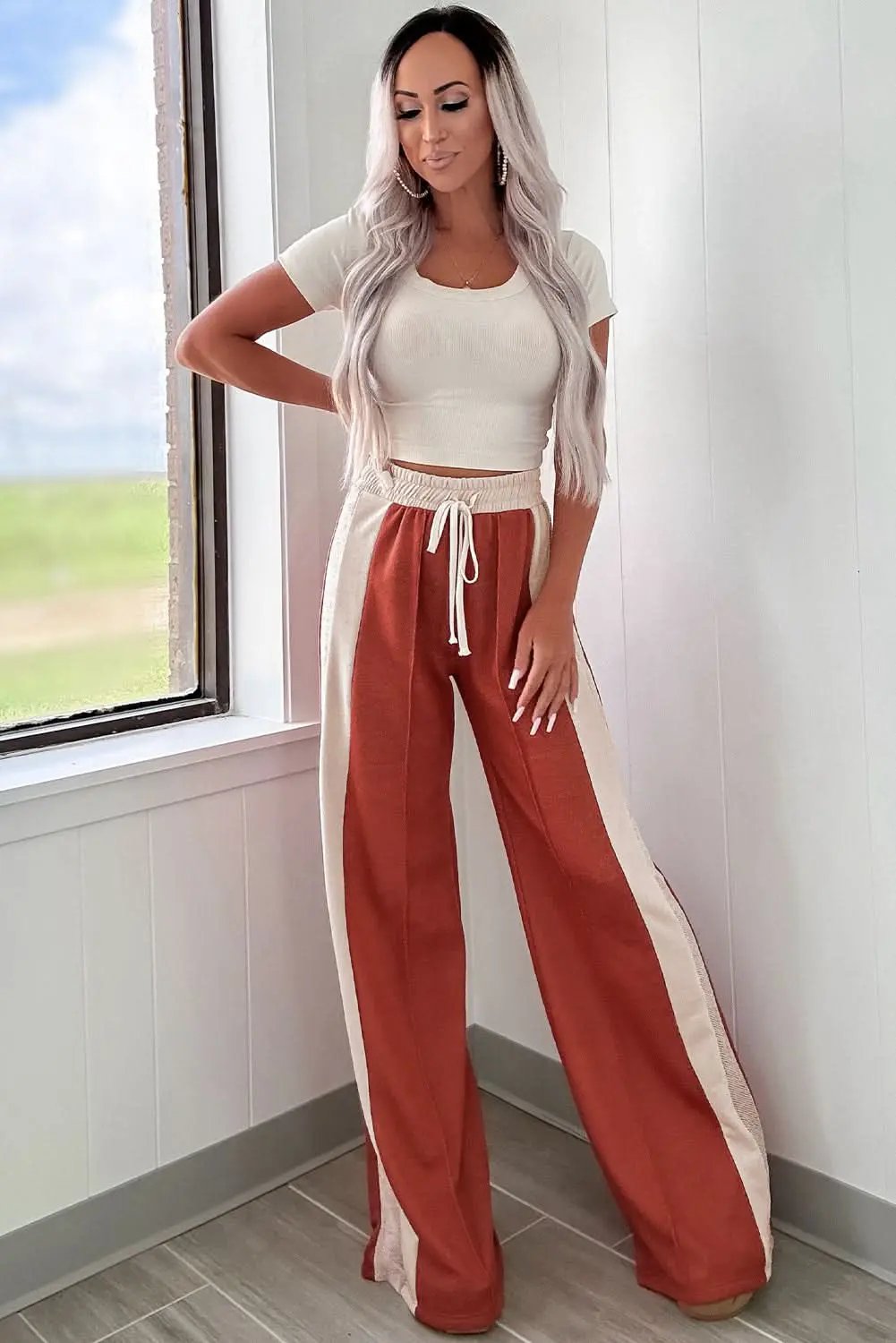 Flamingo Color Block Drawstring High Waist Wide Leg Pants - Love Salve